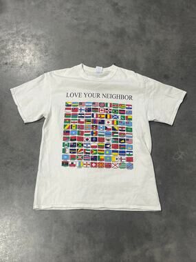 Love Your Neighbor Graphic T-shirt with Flags Size M Port & Co ~ 260917-WH 1019